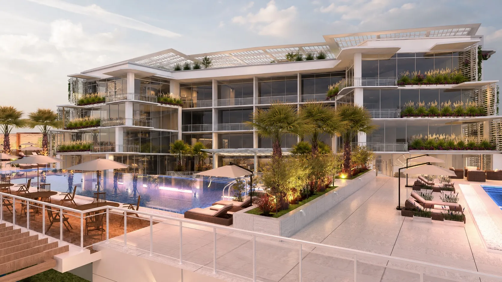 The pool deck at dusk